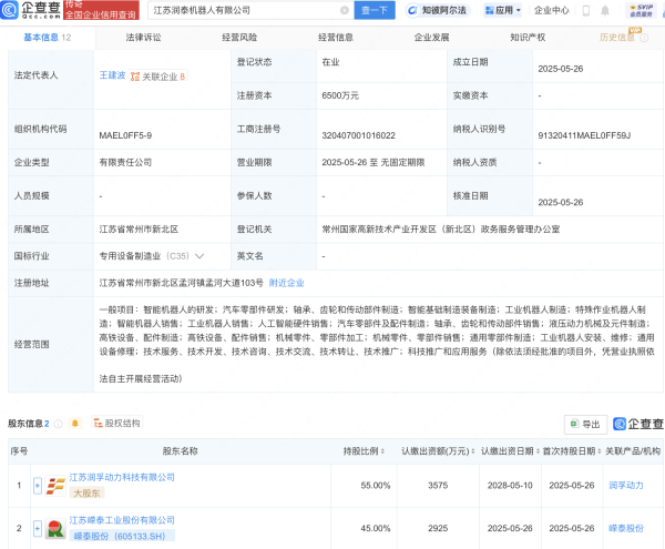 10倍配资公司  嵘泰股份等在江苏新设机器人公司